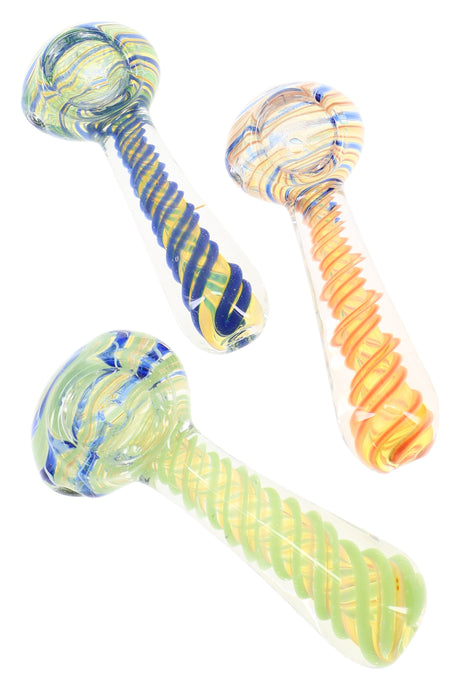 Assorted color-changing glass hand pipes with spiral wrap accents in red, yellow, and teal-blue, rounded bowl design
