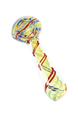 Color-changing glass hand pipe with orange and blue spiral wrap handle and rounded bowl, compact dry-herb piece