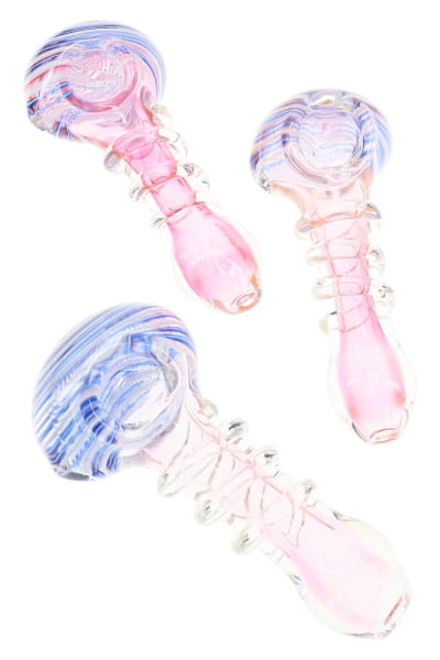 Three gold fumed glass spoon pipes with pink bodies, blue striped bowls, and raised coil stems