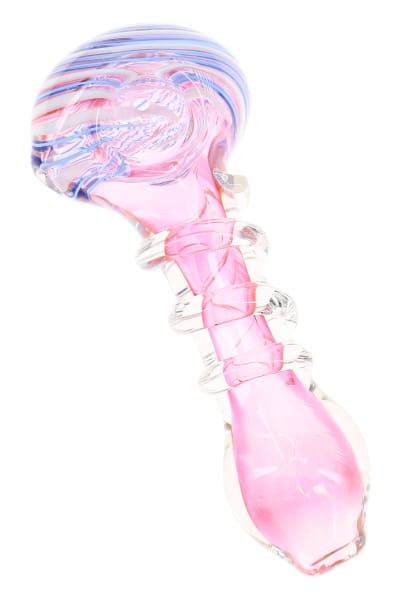 Pink gold fumed glass hand pipe with blue striped bowl, clear raised coil stem, and side carb