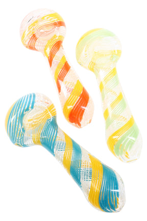 Clear 4.5-inch borosilicate spoon pipe with multicolor spiral stripes, deep bowl, and side carb, shown upright on a white background.