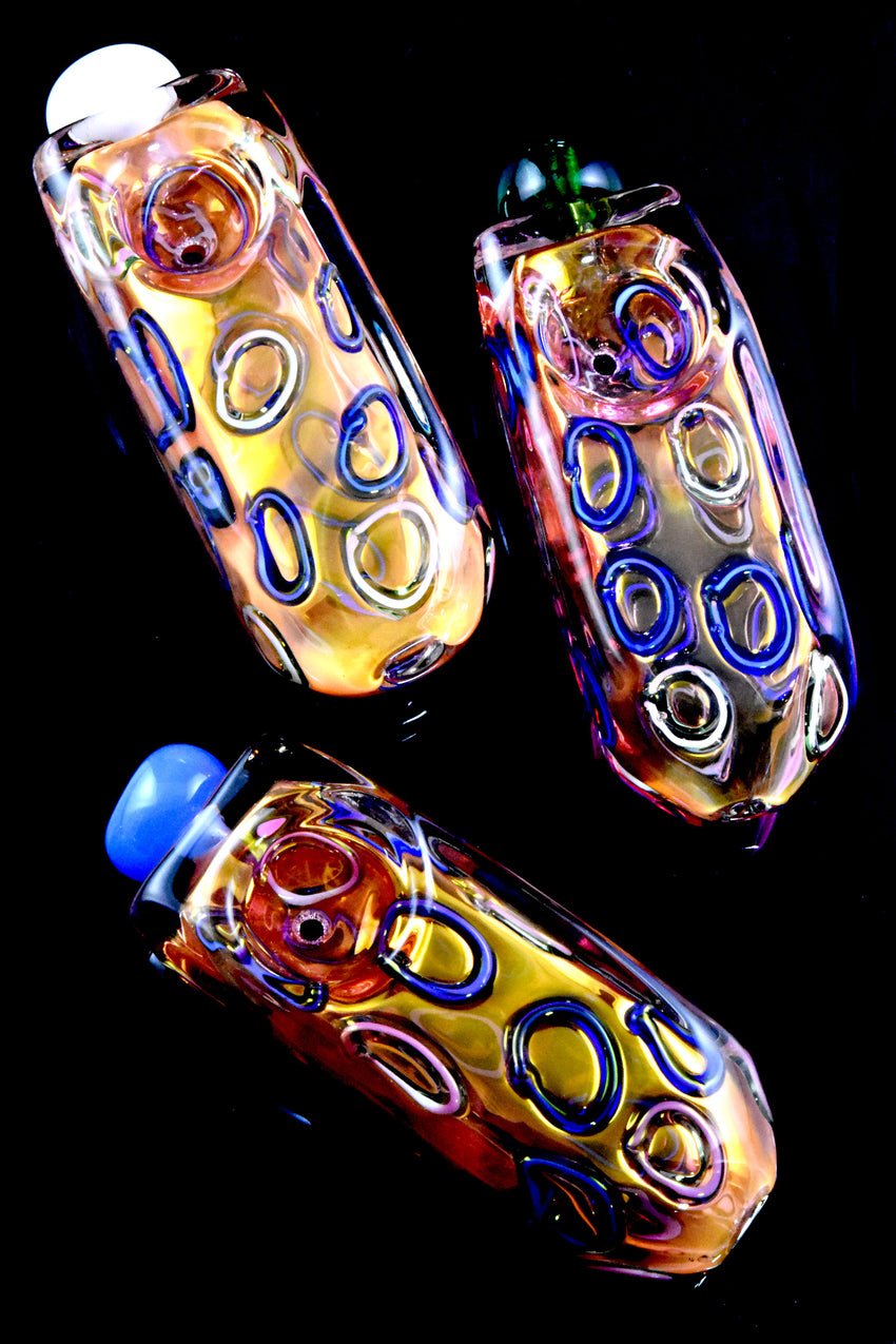Gold Fumed Circle Striped Square Glass Pipe - P2825