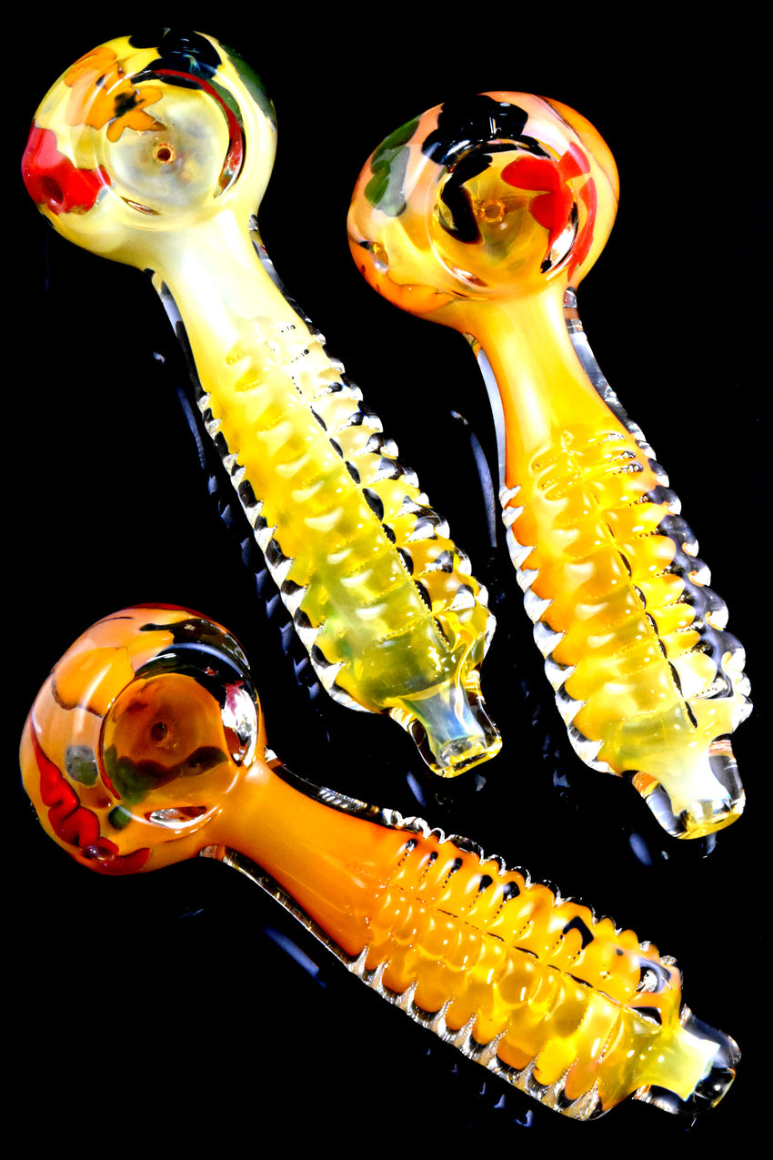 Gold Fumed Ribbed Rasta Squiggle Glass Pipe - P2826