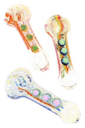 4-inch color-changing glass hand pipe with multicolor stripes and three raised grip marbles, shown in assorted colors.