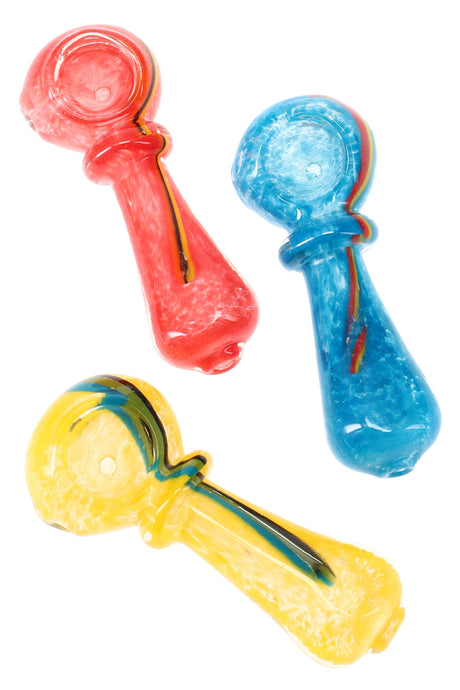 Three 3-inch frit glass spoon pipes in vivid red, blue, and yellow bodies with Rasta accent stripes, displayed on a white background