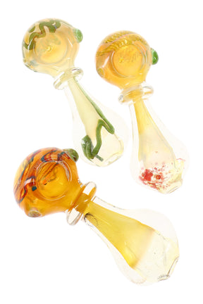 4-inch gold-fumed glass spoon pipe with striped bowl, ringed neck grip, and side carb; color-changing finish in assorted accents.