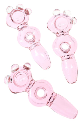 5-inch pink glass spoon pipe with donut-hole center and three clear grip marbles on the bowl, shown from multiple angles.
