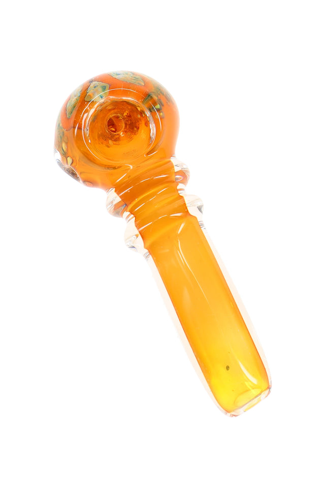 Color-changing fumed glass spoon pipe with raised ring grip and orange-to-yellow fade, frit-speckled bowl accent