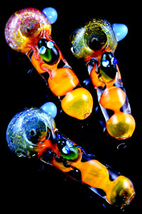 Gold Fumed Frit Chambered Frog Glass Pipe - P2898