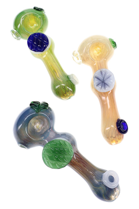 Assorted silver fumed glass spoon pipes with raised leaf accents, colored marbles, and round bowls