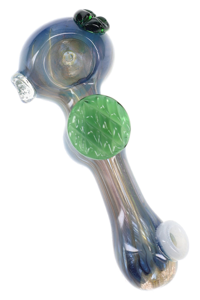 Blue silver fumed glass spoon pipe with green leaf accent, white mouthpiece marble, bowl, and side carb