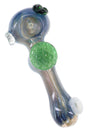 Blue silver fumed glass spoon pipe with green leaf accent, white mouthpiece marble, bowl, and side carb