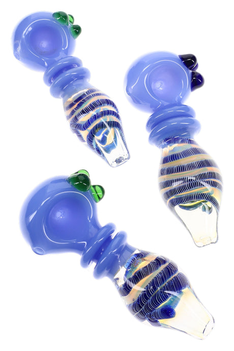 Assorted silver fumed ring glass spoon pipes with blue bodies, striped details, and raised marbles