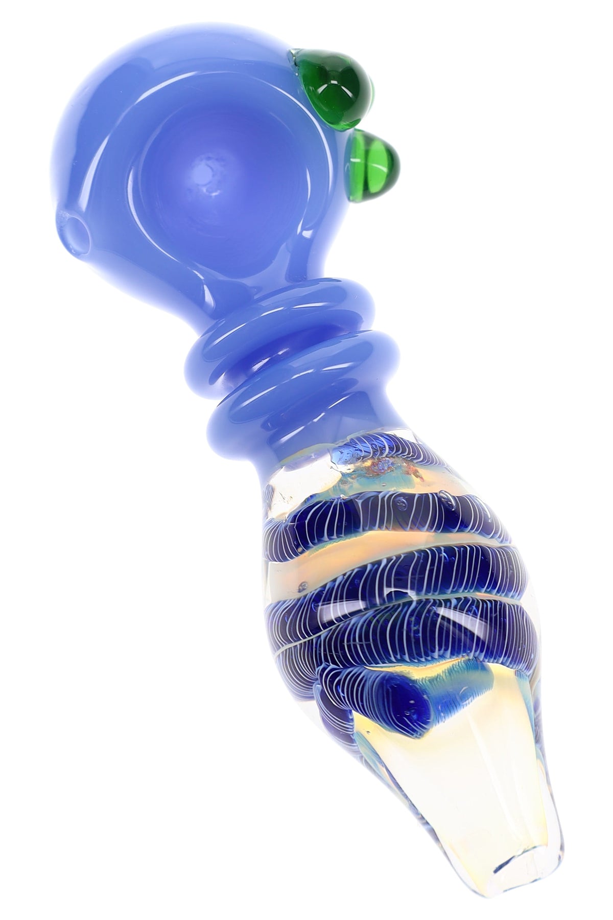 Blue silver fumed glass spoon pipe with striped ring body, green marble accents, bowl, and side carb