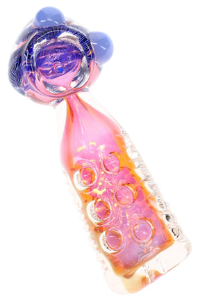 Gold fumed glass hand pipe “Bubble Column” with pink cylinder body, purple striped bowl and raised indents