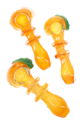 Gold-fumed 3.5-inch glass spoon pipe with ringed neck, raised leaf marble roll-stop, and side carb; color-changing amber finish.