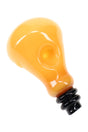 Amber light bulb hand pipe with black screw-base mouthpiece and side carb, glossy colored glass finish
