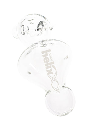 Clear GRAV Helix mini glass hand pipe with Venturi chamber, three air intake holes and stabilizing feet, compact spoon design about 5½ inches long
