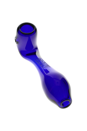 Blue 5-inch GRAV Classic Sherlock glass hand pipe angled left, thick borosilicate curve, big bowl close-up