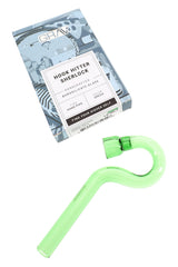 GRAV Hook Hitter sherlock hand pipe in green glass placed beside branded retail box with product details.