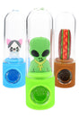 Colorful silicone and glass capsule hand pipes standing upright with cat, alien and hot dog characters inside and front glass bowls with screen holes