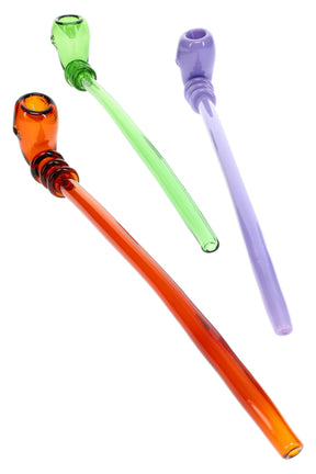 Long colored glass sherlock hand pipes with extended stems for cooler pulls, shown in orange, green, and lavender—assorted colors.