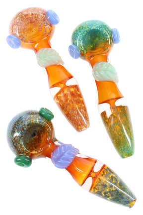 5½″ gold-fumed color-changing glass spoon with chambered handle, frit bowl and mouthpiece, and sculpted leaf accent; assorted colors.
