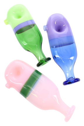 5″ neon green flask-shaped glass spoon with pedestal base, side carb, and glossy finish; upright anti-roll design; assorted colors; sold individually.