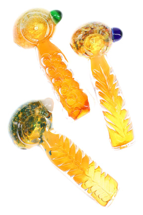 3½-inch gold-fumed glass hand pipe with frit bowl, indented grip pattern, and colored marble accent in assorted amber tones.