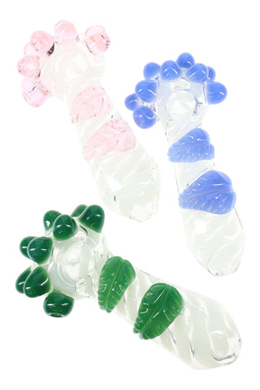 Clear 6-inch glass spoon pipe with white spiral stripes, colored leaf appliqués, and multiple marble grips at the bowl; assorted colors, sold individually.
