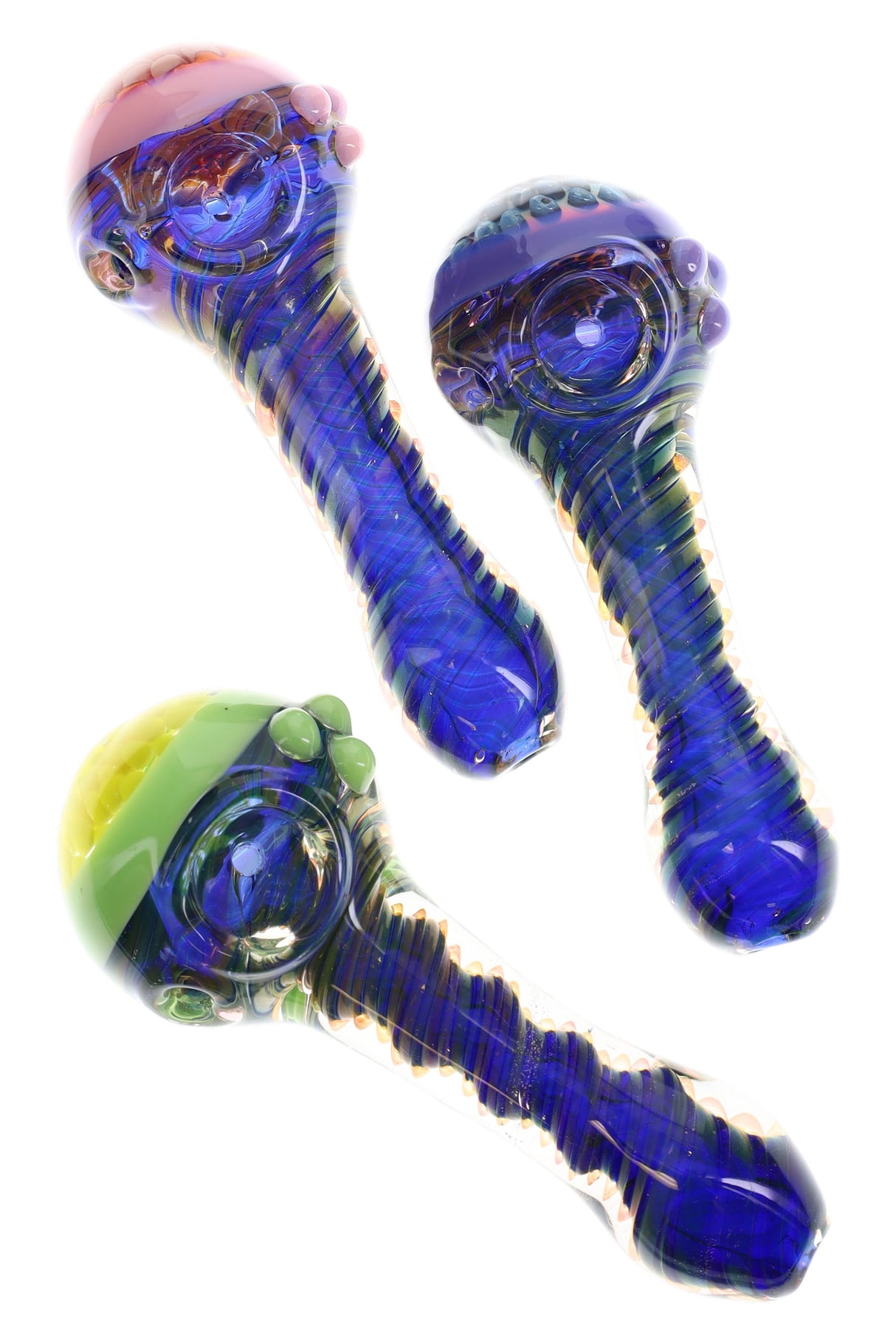 Compact gold-fumed glass spoon pipe, 4½″ with multicolor swirl stripes and raised marble grips; assorted top colors.