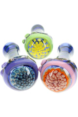 Trio of spoon bowls showing gold-fumed, color-changing “candy cap” tops with dotted accents; assorted colors, sold individually.