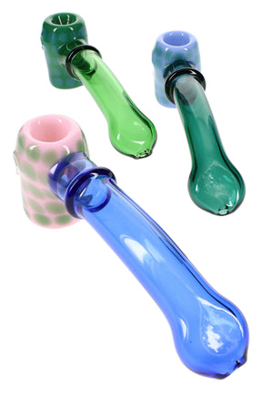 Neon multicolor glass sherlock hand pipe with dotted can-style bowl, long curved stem, and side carb in assorted colors.