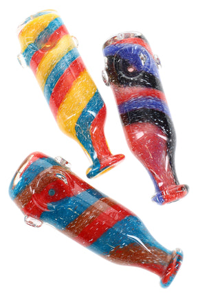 4.5″ multicolor spiral frit glass spoon with pedestal stand, side carb, and clear roll-stop marbles; assorted color patterns; sold individually.