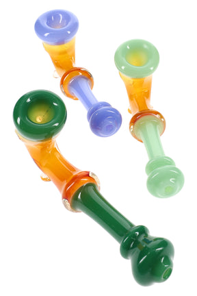 6″ gold-fumed neon glass sherlock pipe with ringed grip and arched stem; assorted color combos, about 120 g, sold individually.