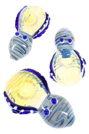 Silver-fumed 4″ octopus glass spoon with raised blue tentacles and marble eyes, color-changing bowl; assorted colors, about 125 g.