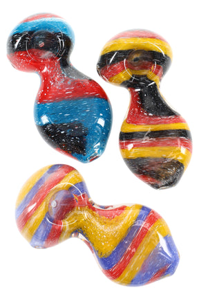 4½″ multicolor swirl-striped frit glass spoon with rounded double-bubble body and side carb; patterns vary by piece.