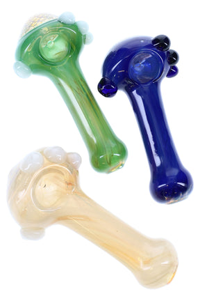 5″ silver-fumed glass spoon pipe with honeycomb bowl, side carb, and marble roll-stops; color-changing finish in green/blue/clear tones; sold individually.