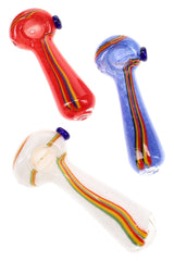 Assorted colorful frit glass spoon pipes in red, blue, and clear with multicolor striped stems