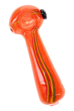 Red colorful frit glass spoon pipe with Rasta stripes, rounded bowl, black mouth tip, and side carb