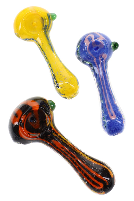 Assorted 3½″ colorful frit glass spoon pipes with squiggle stripes in yellow, blue, green, and black