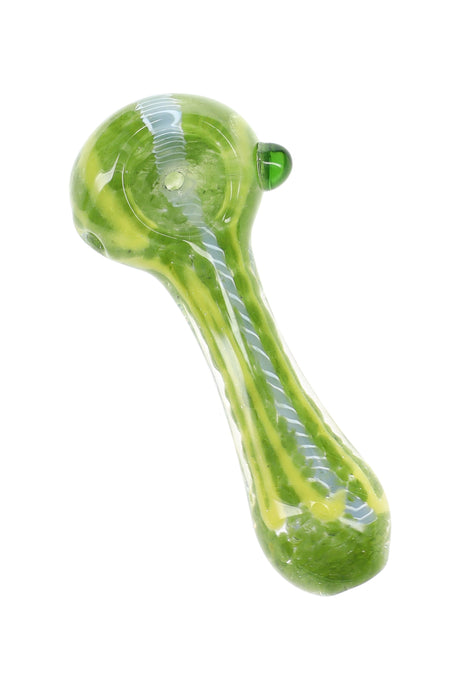 3½″ green and yellow squiggle striped frit glass spoon pipe with clear body shown from an angle