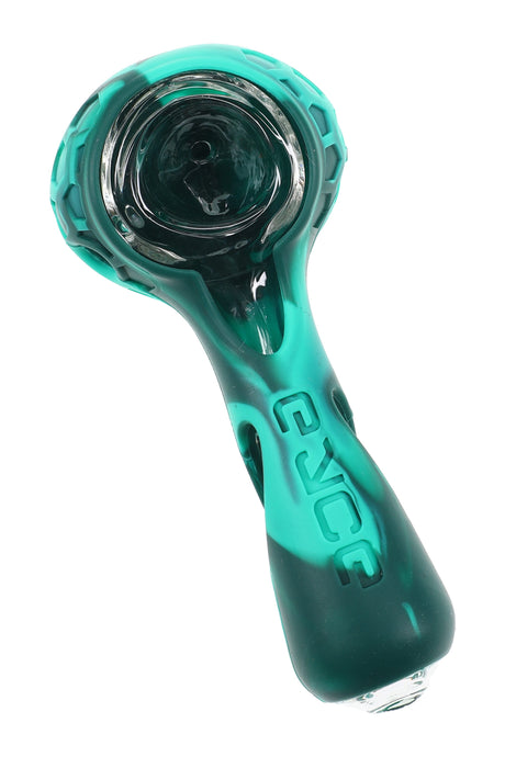 EYCE silicone hand pipe with dark glass bowl insert, teal and black marbled body with molded logo