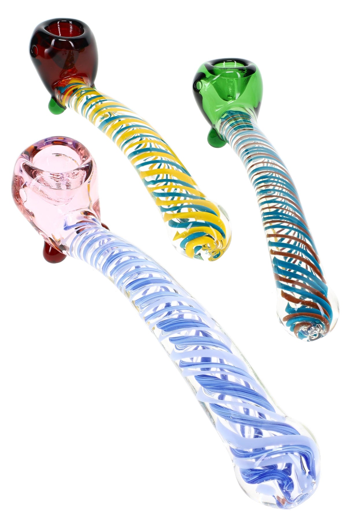 Assorted multicolor swirl striped sherlock pipes with curved stems shown in group product view