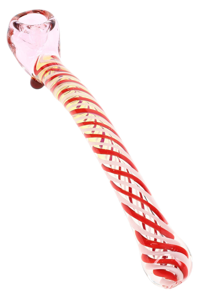 Clear glass sherlock pipe with bright swirl striping and colored bowl shown in side profile view