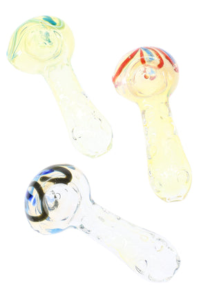 Three 3-inch color-changing frit glass spoon pipes with clear grip marbles and subtle multicolor swirls on white background