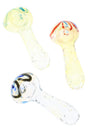 Three 3-inch color-changing frit glass spoon pipes with clear grip marbles and subtle multicolor swirls on white background