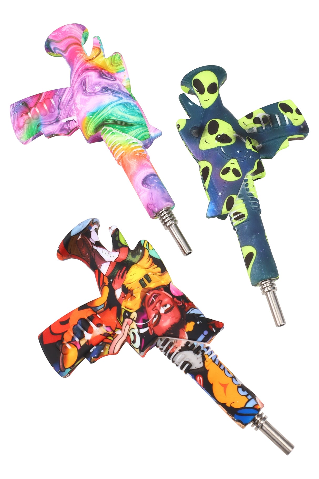 Assorted silicone dab straw shaped like a ray-gun with neon alien, rainbow swirl and comic graffiti decals, angled view