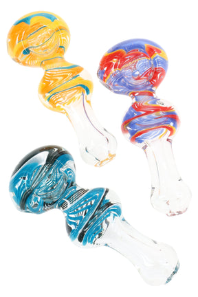 Clear 4-inch borosilicate spoon pipe with multicolor squiggle stripes on bowl and stem, built-in carb, and flattened base, shown on white background.