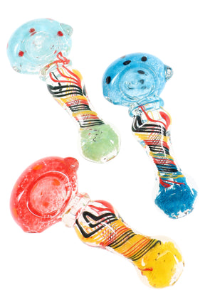 4.5-inch clear glass spoon pipe with rainbow frit-filled ends and multicolor stripes, deep bowl and side carb, shown in assorted colors